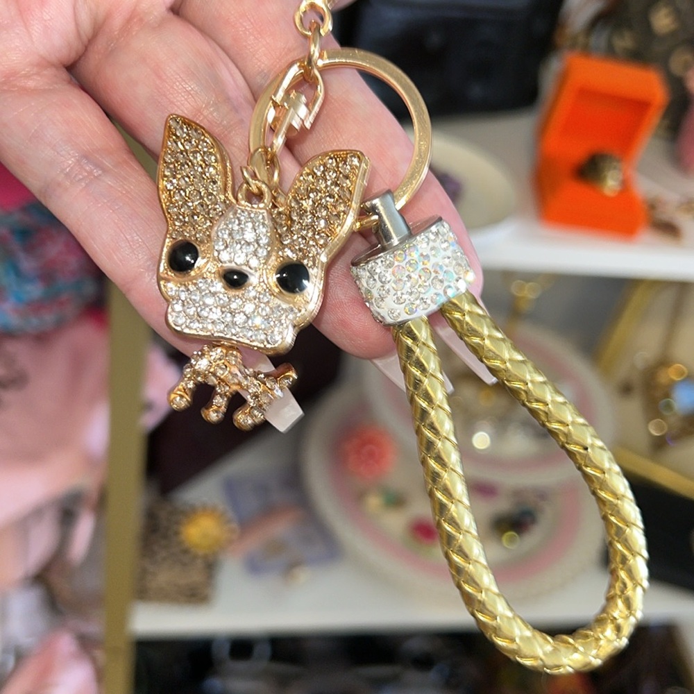 Gold and Crystal Doggie Bag Charm Keychain ✨🖤🤎